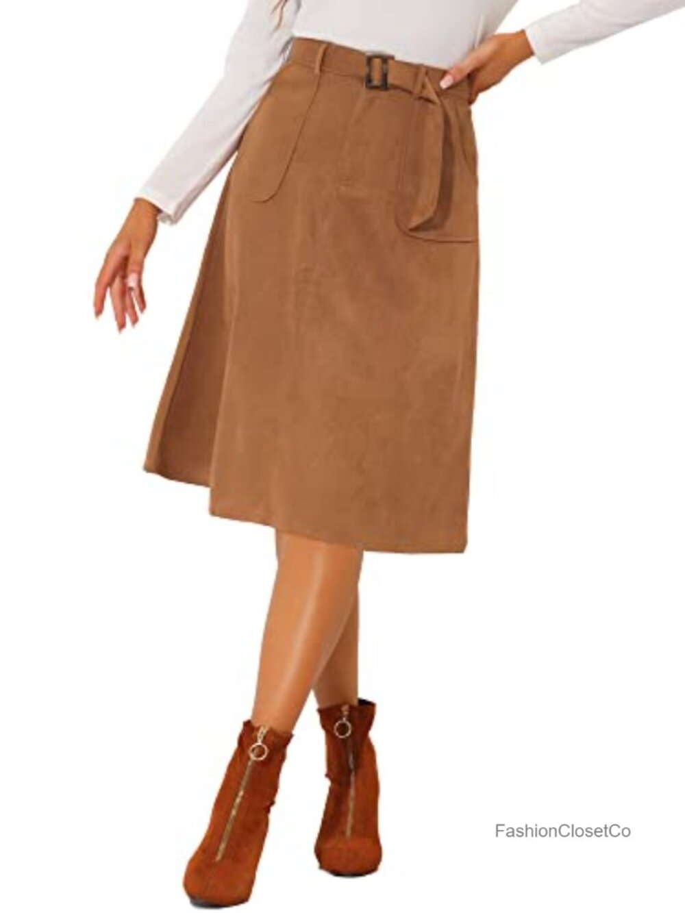 Faux Suede A-line Midi Skirt with Belt, Pockets, High Rise, Stretch